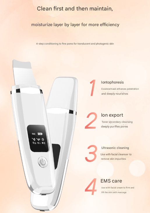 White Professional 4-in-1 Ultrasonic Skin Scrubber - Deep Pore Cleanser, Blackhead Remover & EMS Facial Lifting Tool