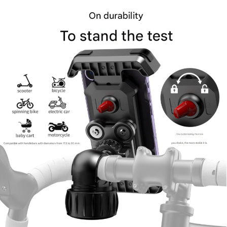 Black Heavy Duty Bike Phone Mount - Anti-Shake Motorcycle Holder with Secure Lock, 360 Rotation Cradle for All-Terrain Cycling