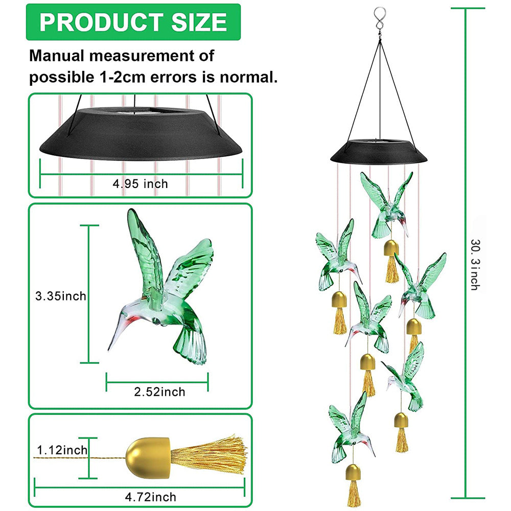 Transparent Solar Powered Hummingbird Wind Chime(Without bell) - Color-Changing LED Hanging Garden Light Outdoor Decor