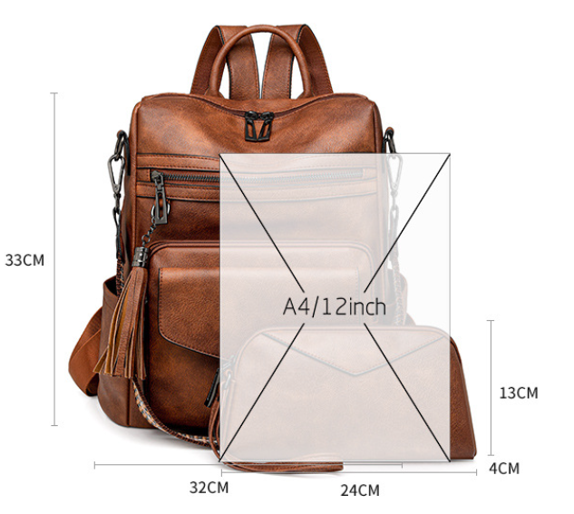 White-brown Women's Retro PU Leather Backpack - Dual-Color Tassel Design, Winter High-End Style