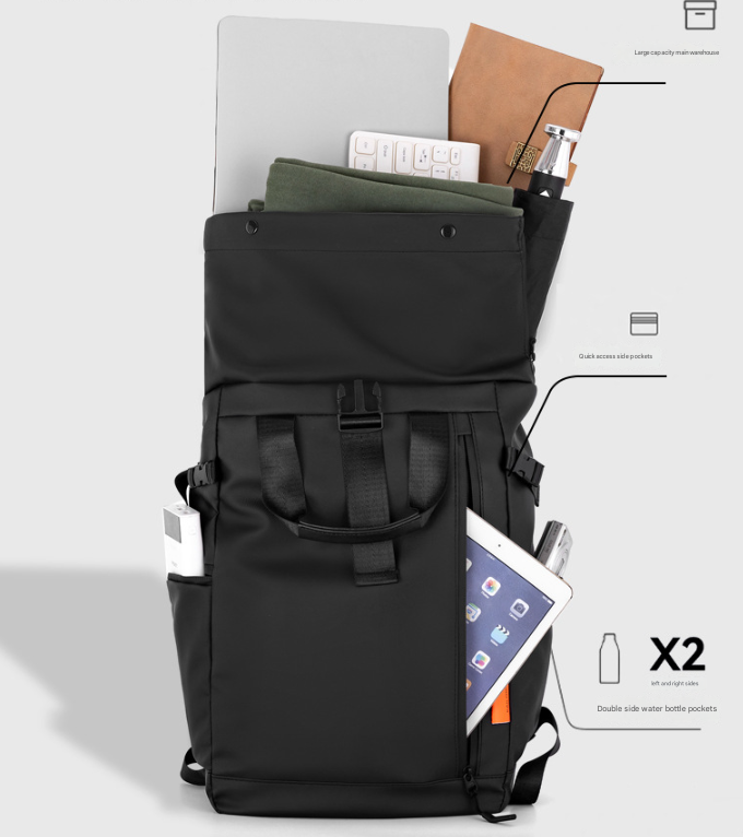 Black Urban Explorer Roll-Top Backpack - Water-Resistant Large Capacity Bag for Travel, Work & Laptop