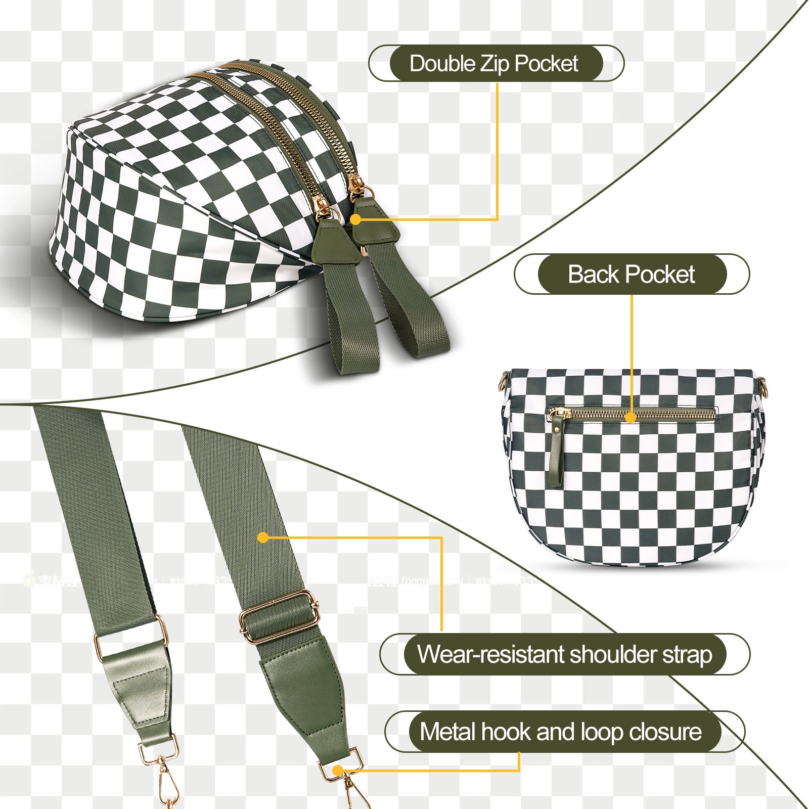 Black-white Checkered Trendy Sling Bag - Women's Crescent Crossbody Purse with Wide Adjustable Strap