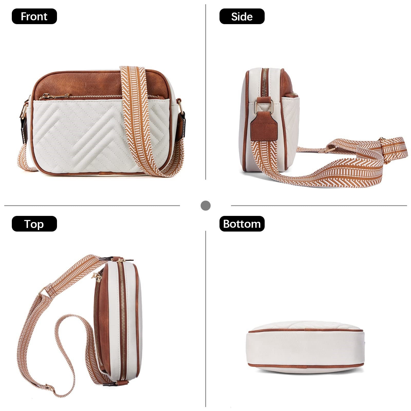 Double Zipper Brown Chic Quilted Crossbody Bag - Vintage PU Leather Shoulder Purse with Adjustable Strap