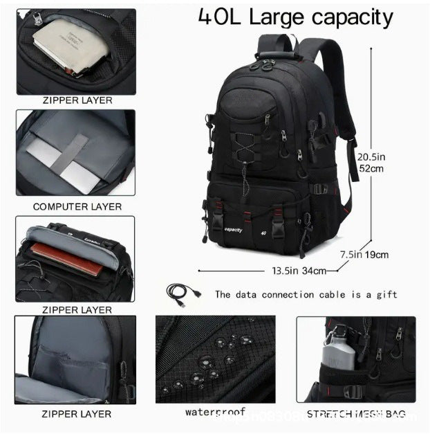 Grey 40L Large Capacity Travel Backpack - Water-Resistant Hiking Rucksack with USB Charging Port
