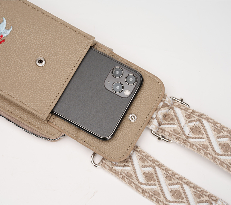 Brown Chic Floral Embroidered 2-in-1 Crossbody Phone Bag with Coin Purse