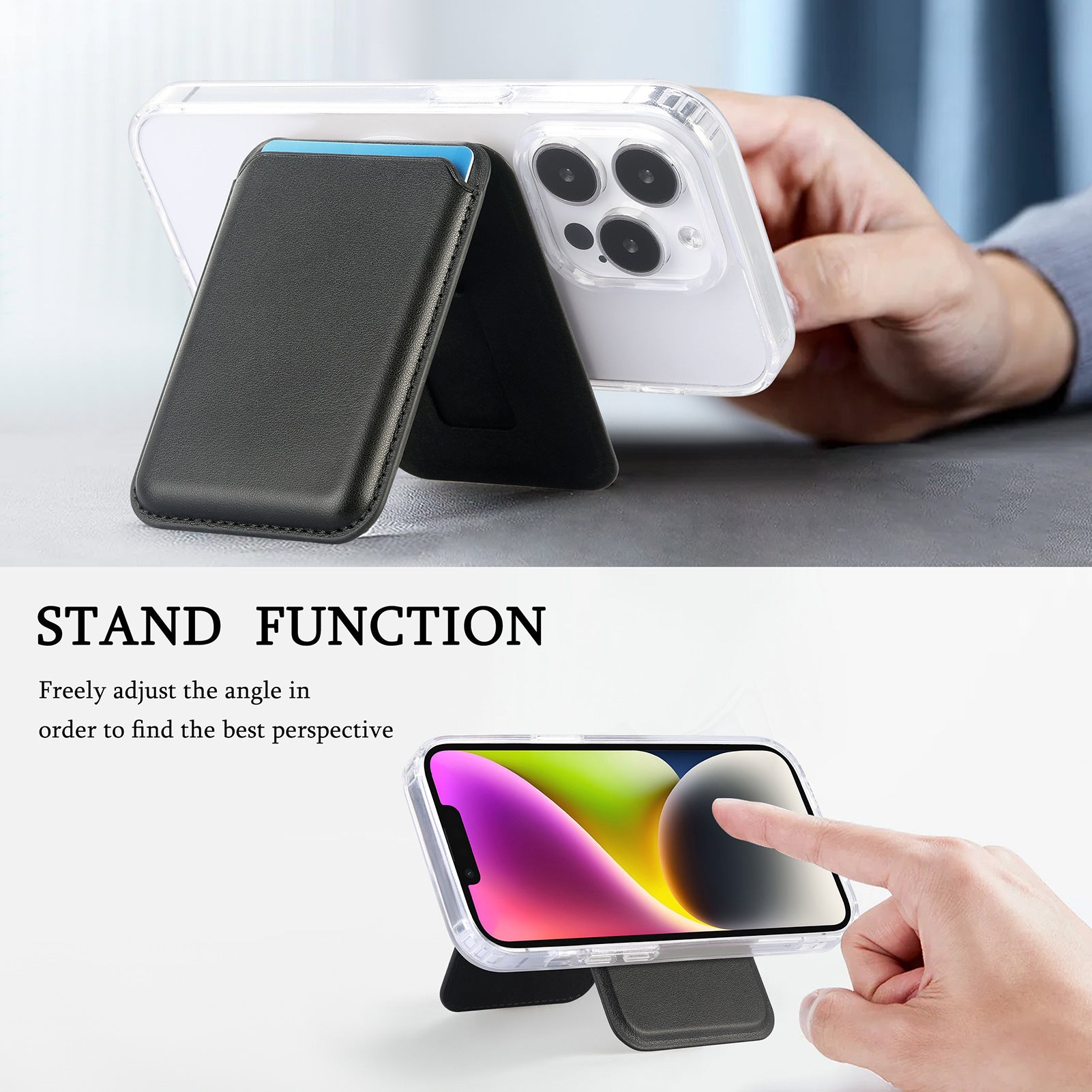 Black Slim Magnetic Card Holder Wallet with Adjustable Kickstand - MagSafe Compatible