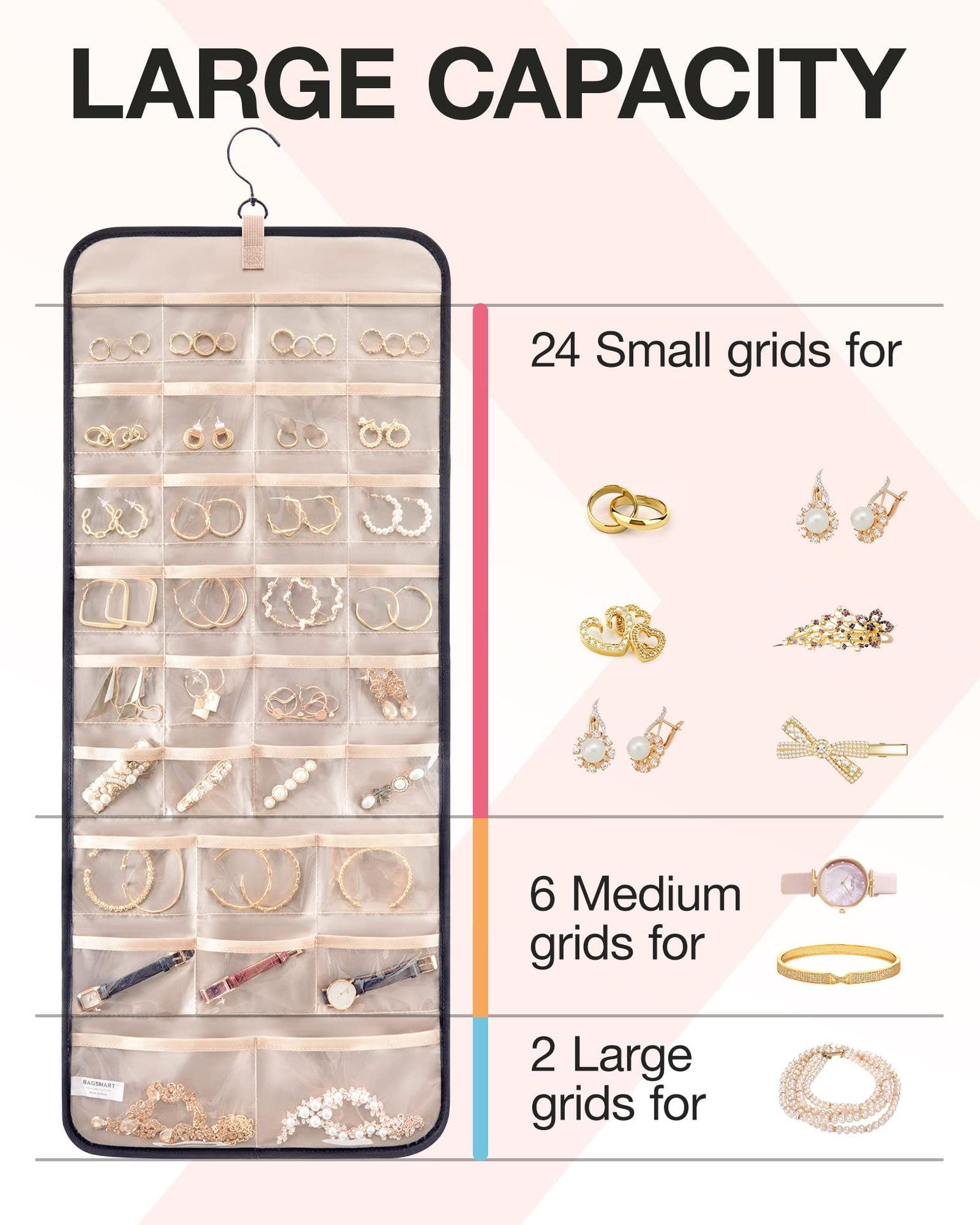 Black Hanging Jewelry Organizer - Closet Storage for Necklaces, Earrings, and Rings with Clear Pockets(14*33inch)
