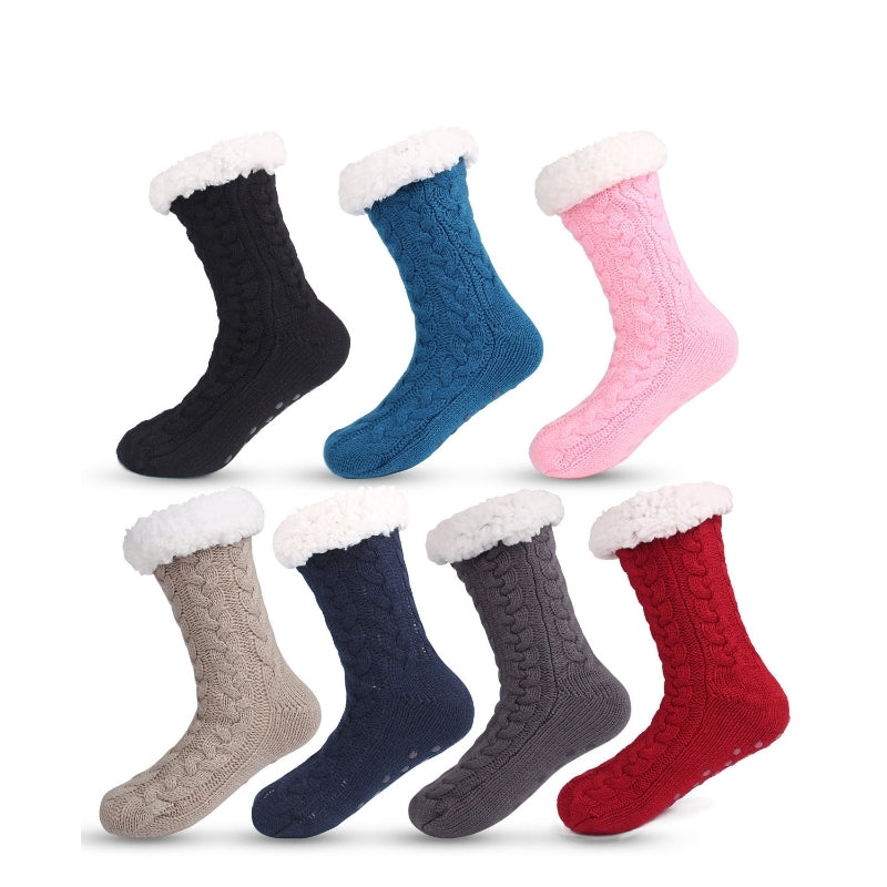Black  Women's Fuzzy Slipper Socks - Warm Fleece Lined Thermal Cable Knit Socks with Non-Slip Grips