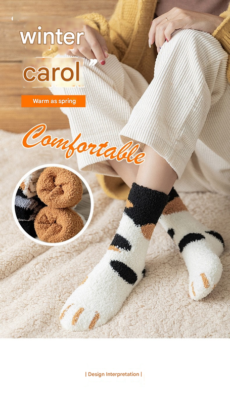 3-piece Black Cute Cat Paw Fuzzy Socks for Women - Plush Thermal Slipper Socks for Home & Lounging