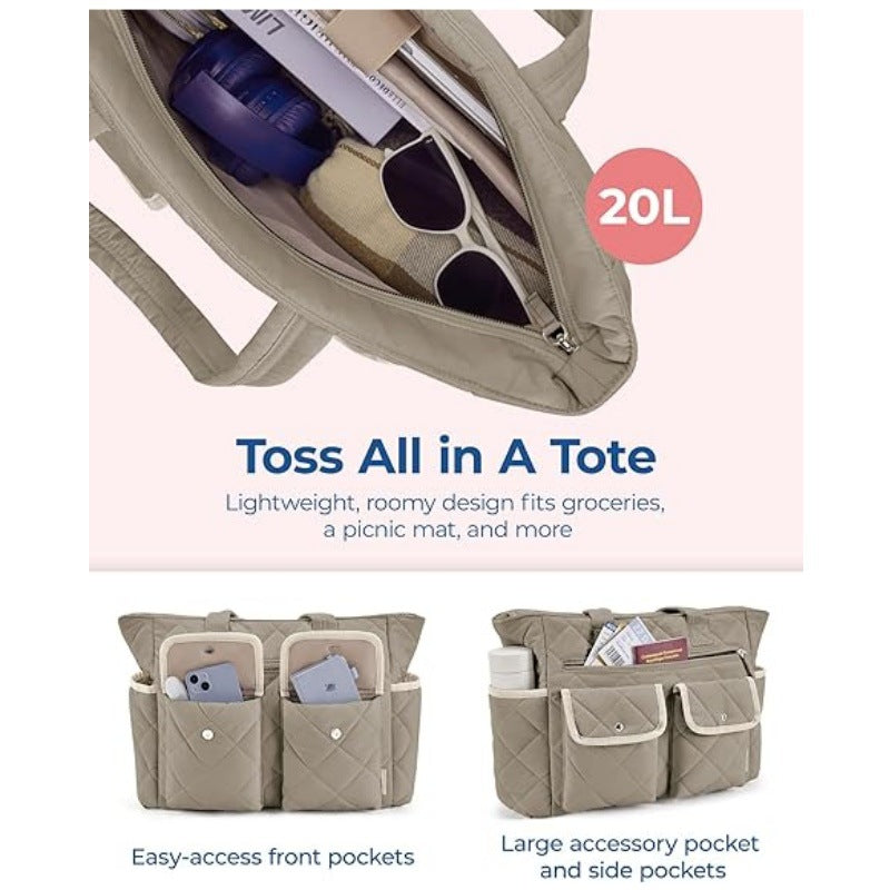 Beige Women's Multi-Pocket Tote Bag - Large Quilted Travel Handbag for Work, Gym, and More