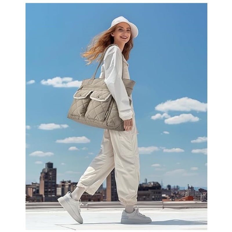 Pink Women's Multi-Pocket Tote Bag - Large Quilted Travel Handbag for Work, Gym, and More