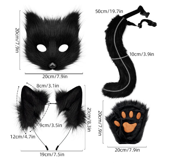 Dark grey Halloween Furry Fox Costume Set - Plush Mask, Ears Headband, Tail, and Paws for Cosplay