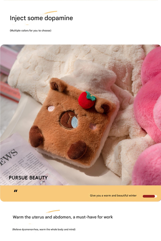 Off White Cozy Capybara Hot Water Bottle with Soft Plush Cover | Leak-Proof PVC Water Bag for Soothing Pain Relief & Winter Comfort