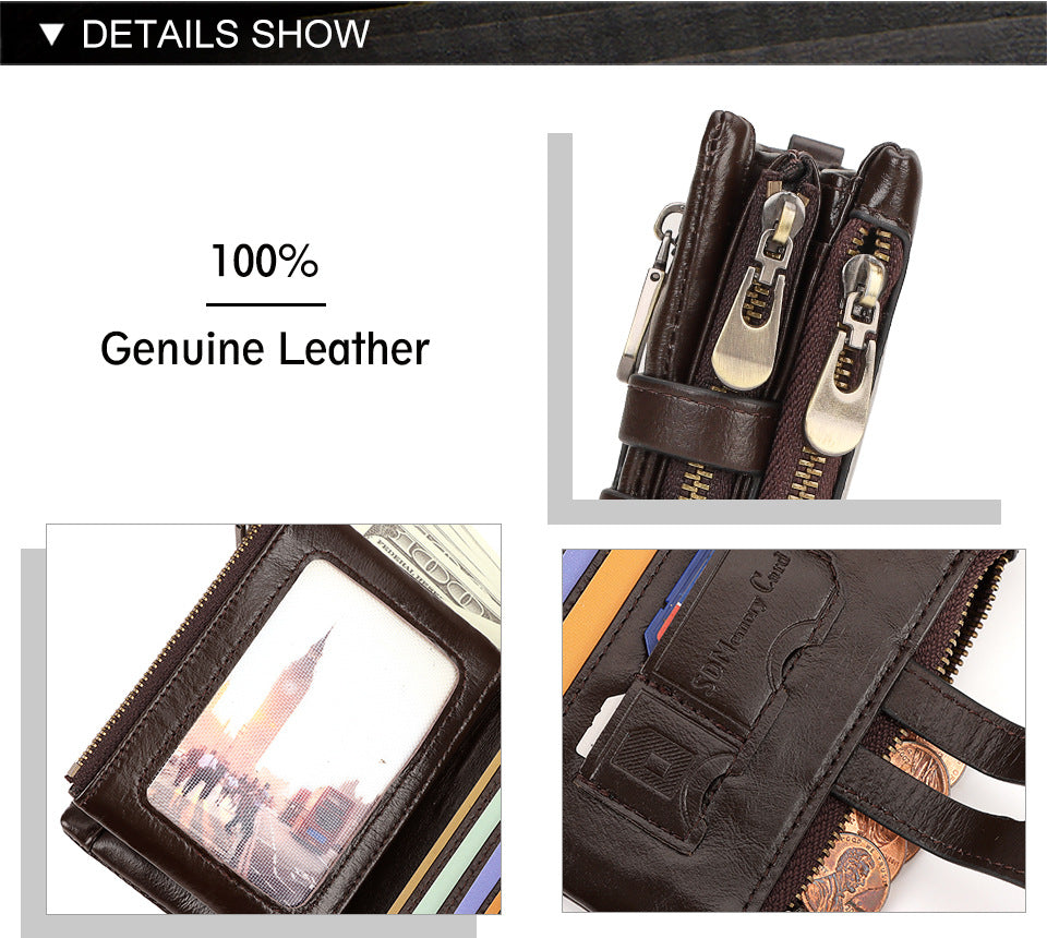 Brown Genuine Leather Men's RFID Blocking Wallet - High Capacity Trifold with Zipper Coin Pocket