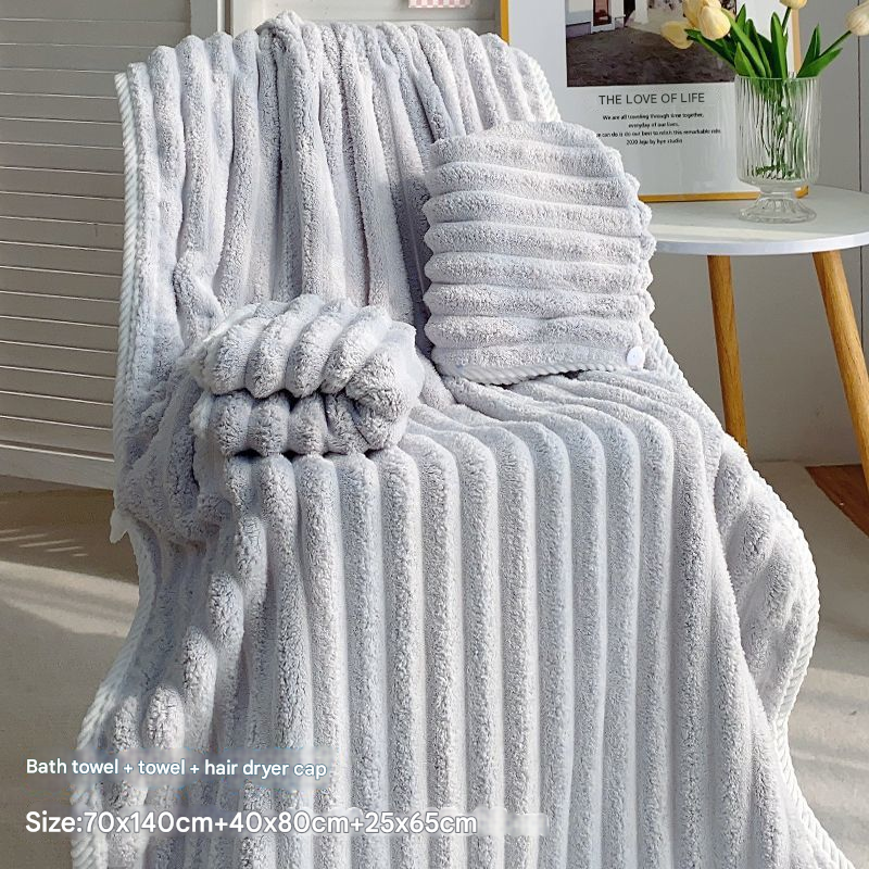Grey Plush Ribbed Coral Fleece 3-Piece Towel Set - Ultra Soft & Absorbent Bath, Hand Towel and Hair Wrap