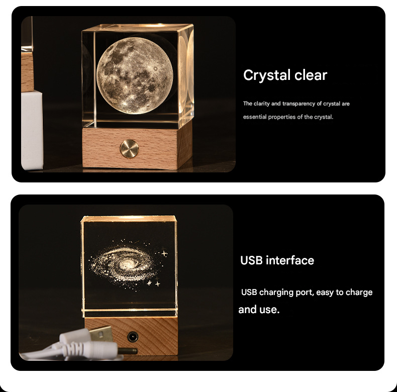 Constellation Luminous 3D Crystal Cube Night Light - Laser Engraved Artwork with Solid Wood Base