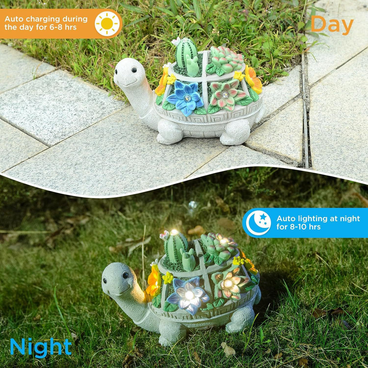 Turtle and Butterfly Charming Solar-Powered Animal Garden Statue - Waterproof Resin Figurine with Glowing LED Accents