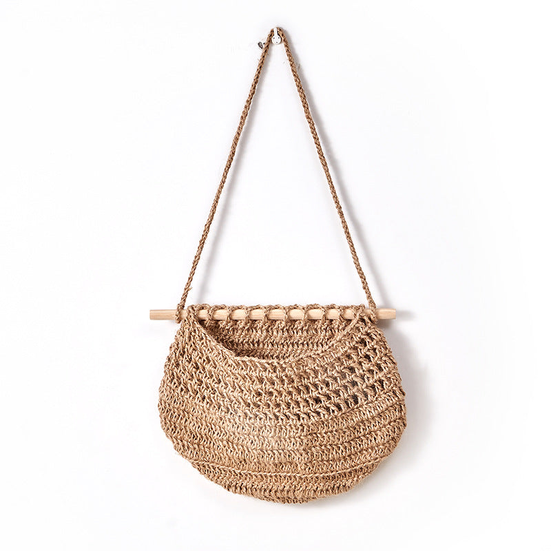 Single-layer hemp rope style Bohemian Hanging Fruit Basket – Wall-Mounted Woven Storage Net Pocket for Kitchen & Home Decor