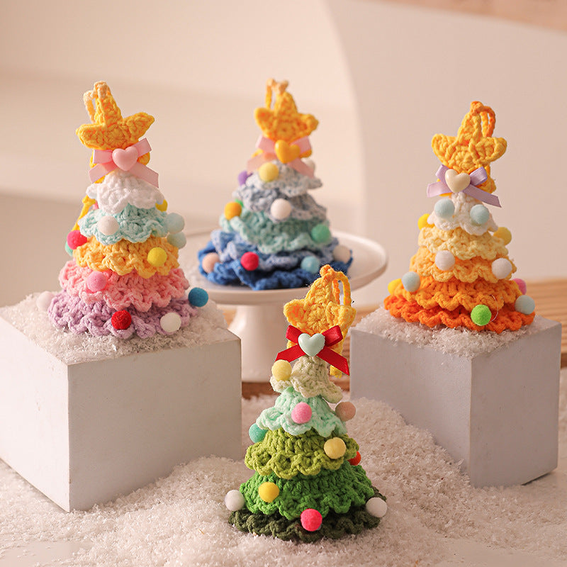2 Pcs Handmade Crochet Christmas Tree Ornament - Plush Knitted Decoration with Bell - Ideal for Home, Car & Holiday Decor(Style E)