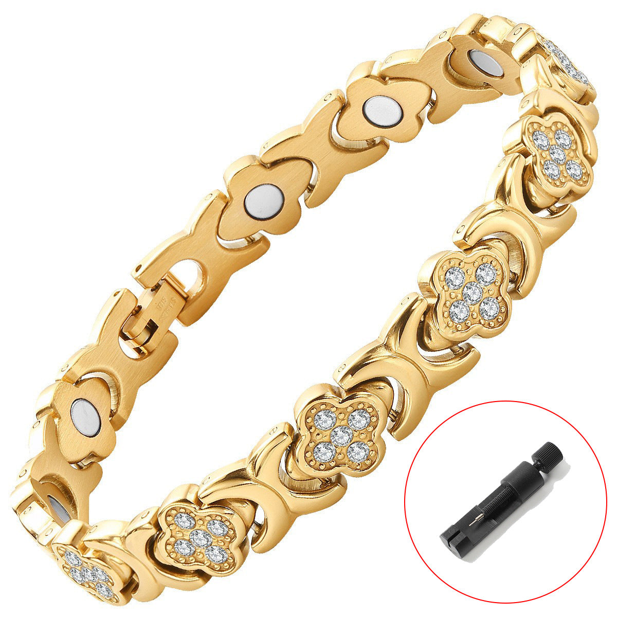 Rose gold New Fashion Lightweight Luxury Four-Leaf Clover Diamond Inlaid Bracelet - Alloy Magnetic Watch Band Style Bracelet for Women + Free Disassembly Tool