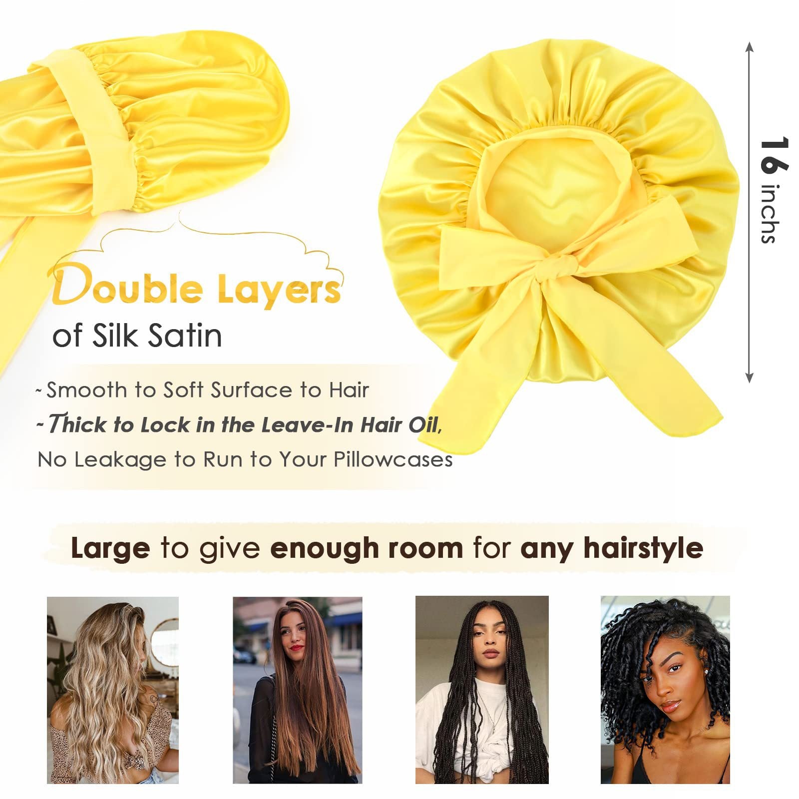 Black Luxury Double Layer Satin Bonnet with Bow Tie - Large Hair Protection Sleep Cap for All Hair Types