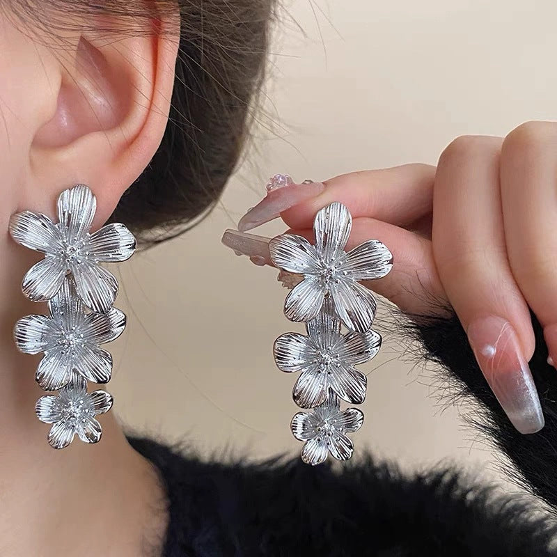 Sliver Textured Cascading Floral Statement Drop Earrings for Women