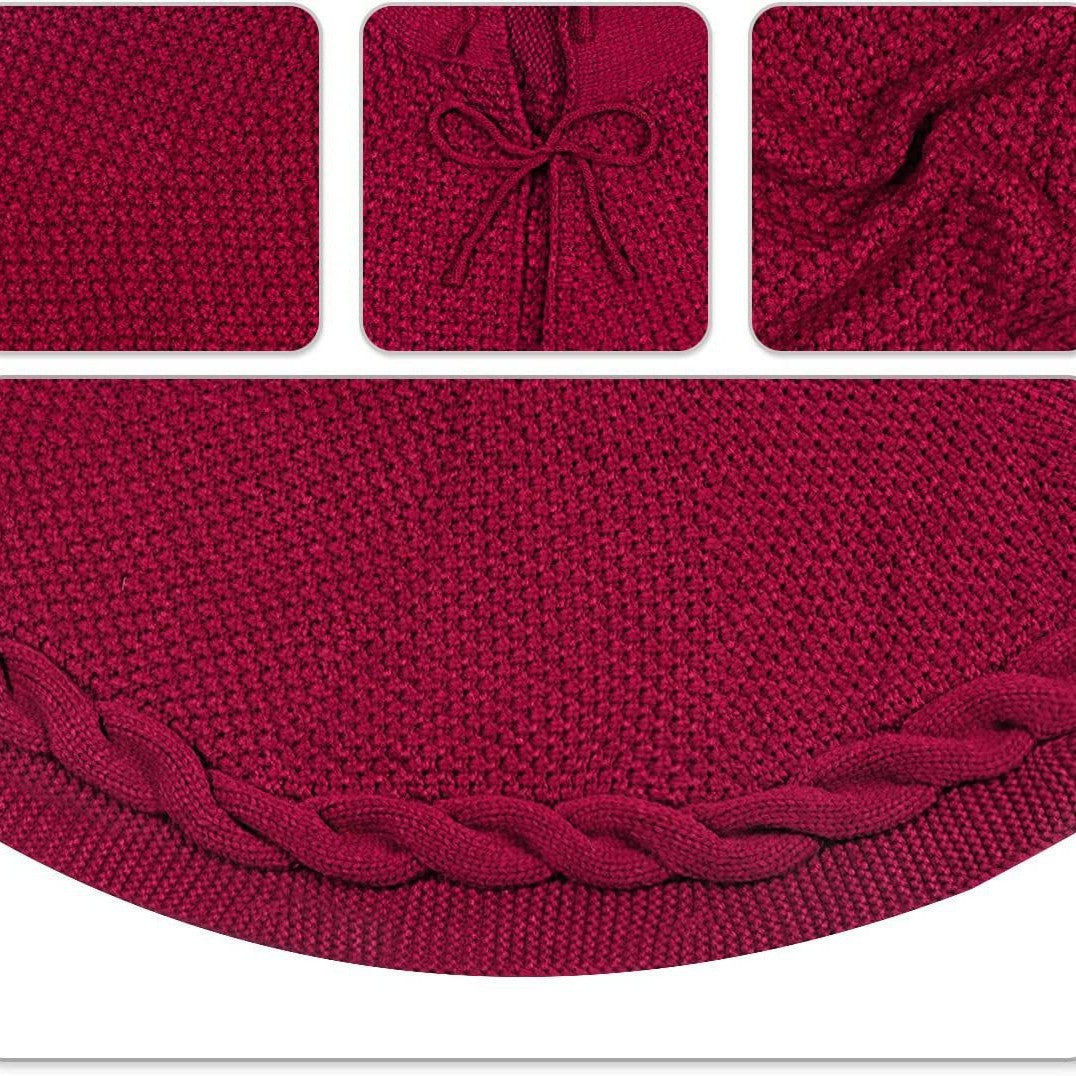 White Luxury Knit Christmas Tree Skirt with Cable-Knit Border - Rustic Holiday Decor(92cm)
