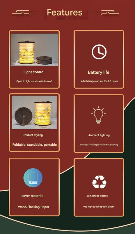 Foldable Telescopic Lantern Lamp - 3 Light Modes, USB Rechargeable, Wood/Paper Finish(Starry Night by Van Gogh)