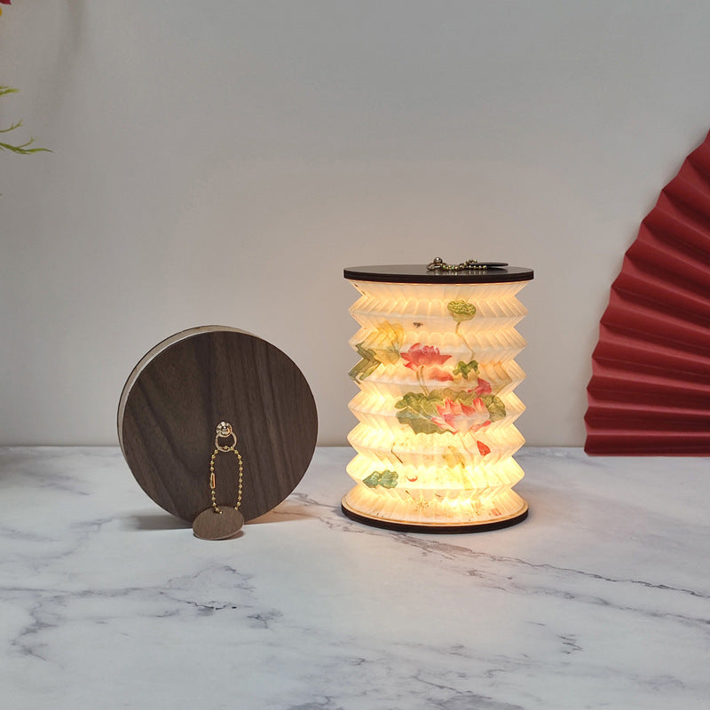 Foldable Telescopic Lantern Lamp - 3 Light Modes, USB Rechargeable, Wood/Paper Finish(Lotus Painting)