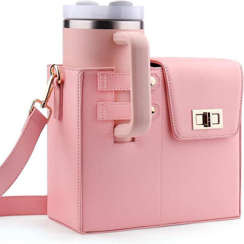 Chic PU Leather Crossbody Bag with Tumbler Holder - Multi-Compartment, Adjustable Strap,Does not include thermos cup(pink)