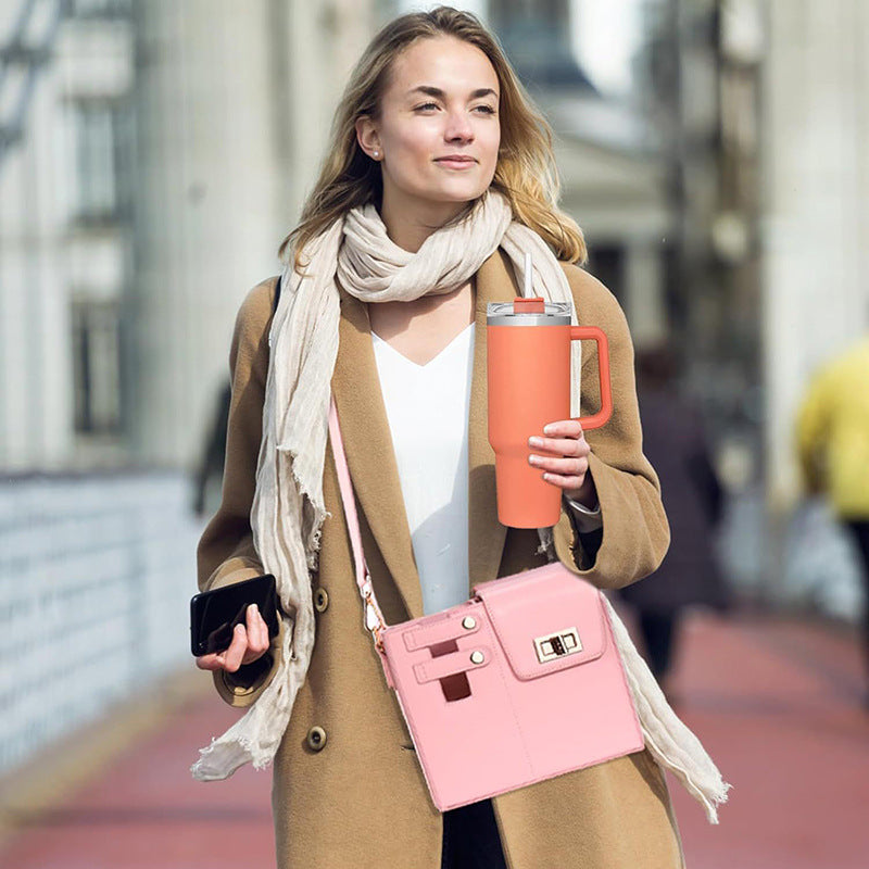 Chic PU Leather Crossbody Bag with Tumbler Holder - Multi-Compartment, Adjustable Strap,Does not include thermos cup(black)