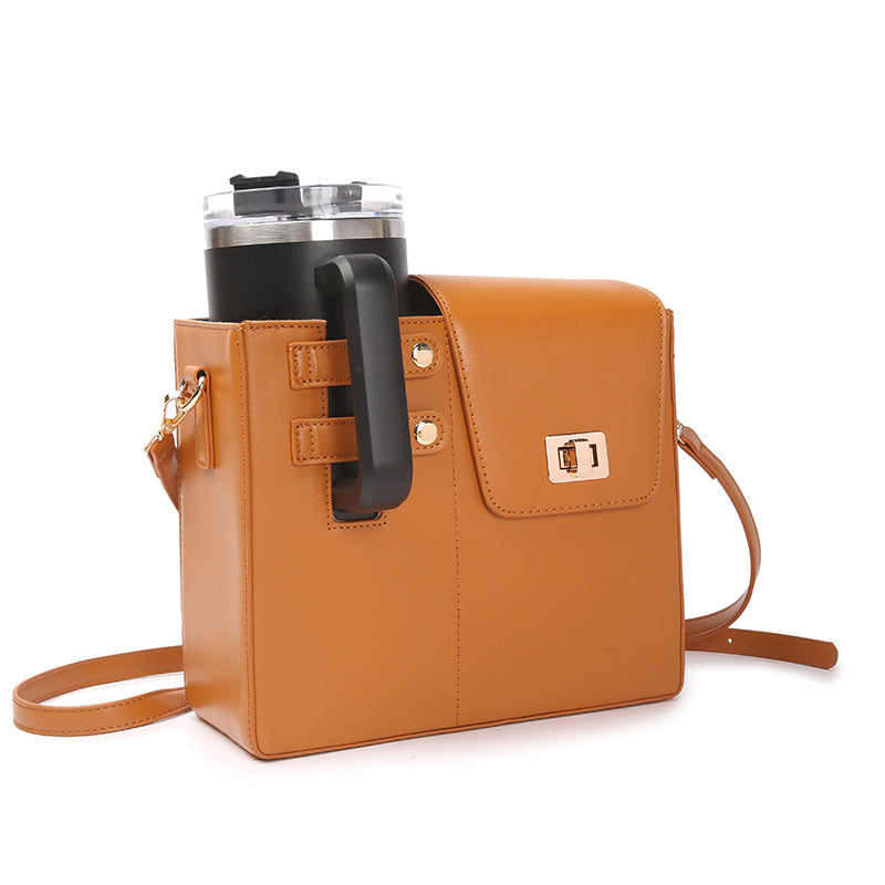 Chic PU Leather Crossbody Bag with Tumbler Holder - Multi-Compartment, Adjustable Strap,Does not include thermos cup(brown)