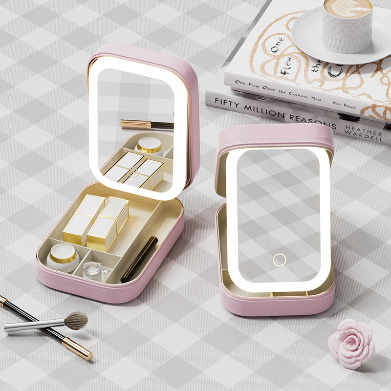 Portable Jewelry & Makeup Organizer Box with LED Touch Mirror - Rechargeable, Adjustable Lighting(pink)