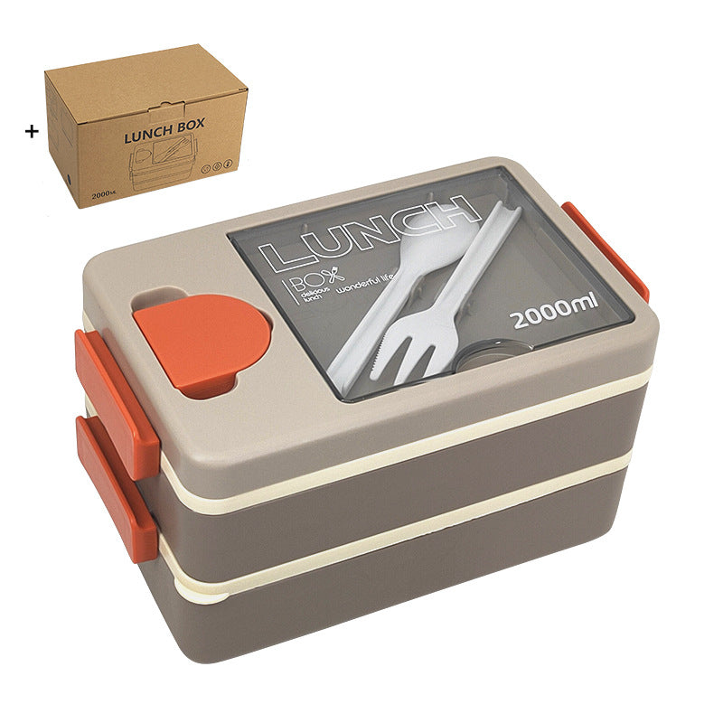 2L Double-Layer Bento Lunch Box - Leak-Proof with Utensil & Sauce Container(Grey)
