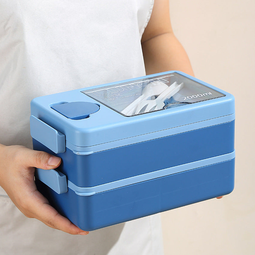 2L Double-Layer Bento Lunch Box - Leak-Proof with Utensil & Sauce Container(blue)