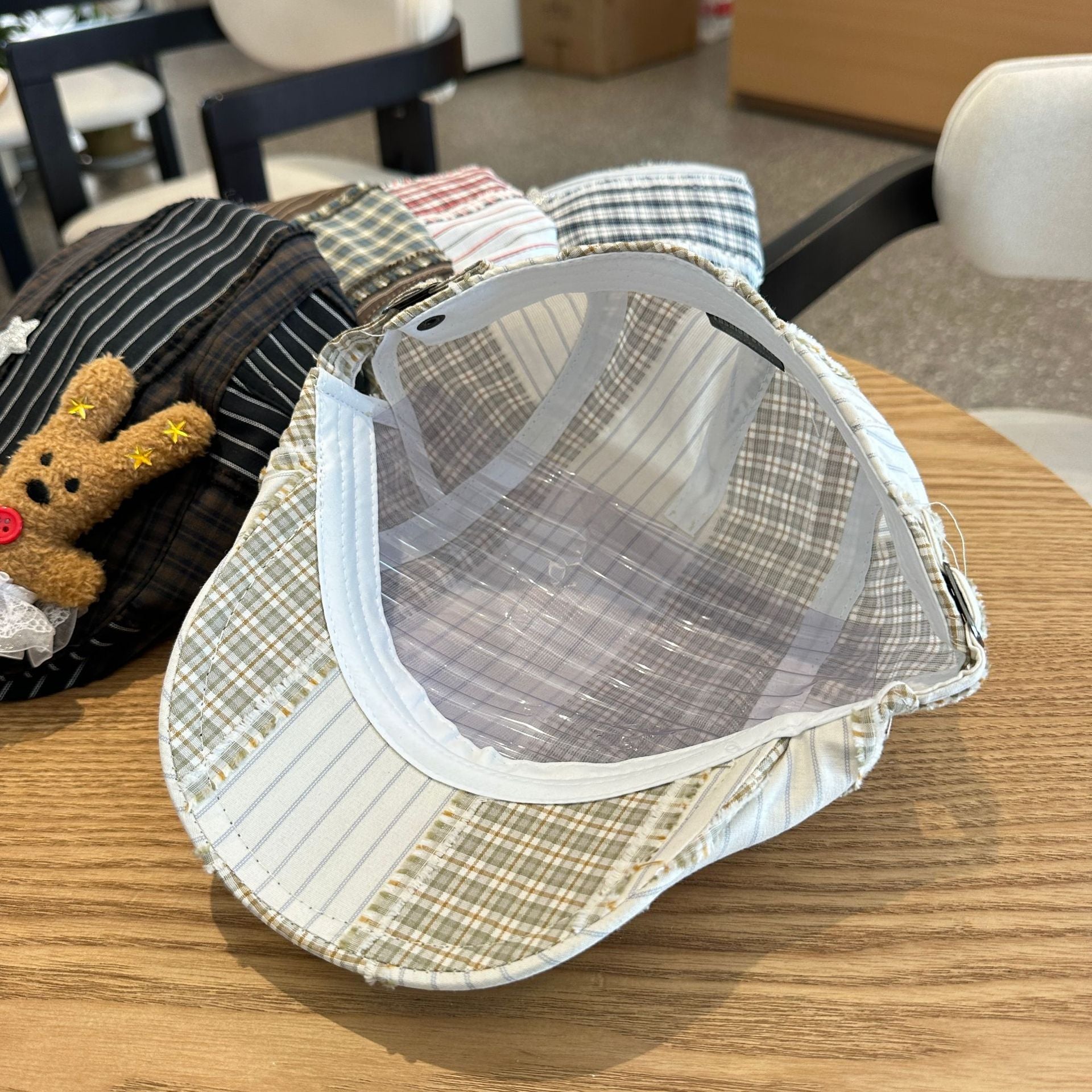 Patchwork Plaid Cotton Cap with Decorative Details(brown)