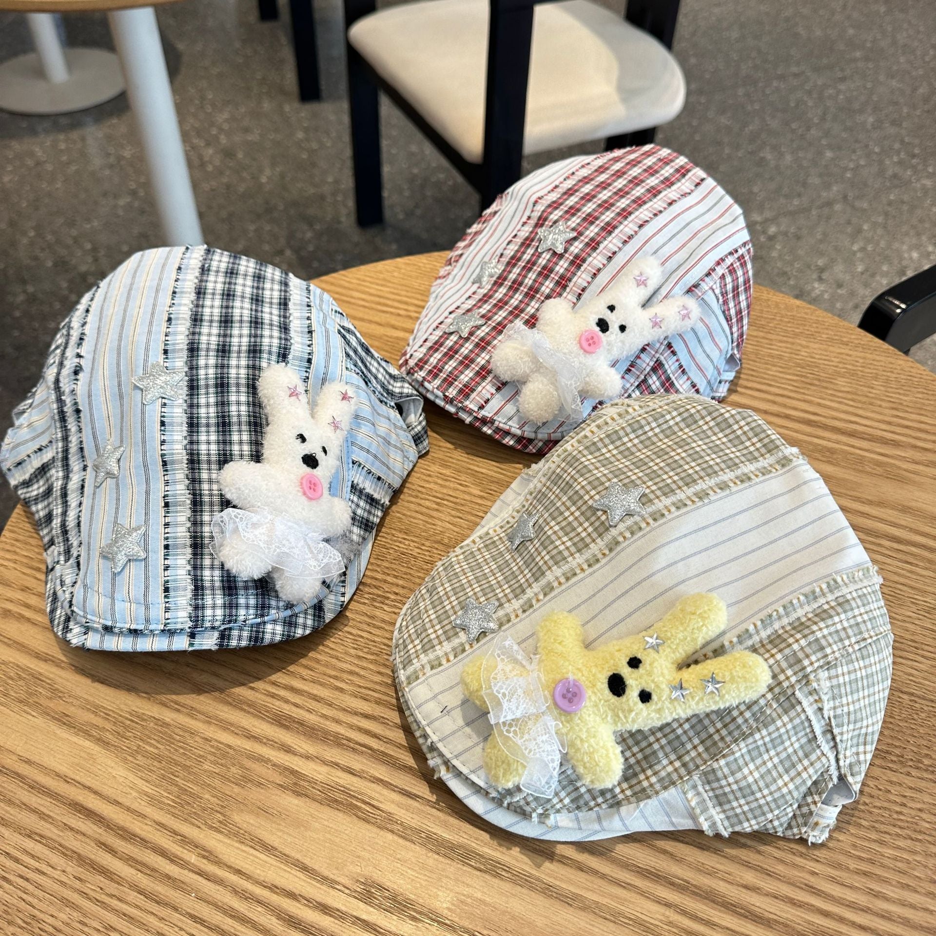 Patchwork Plaid Cotton Cap with Decorative Details(blue)