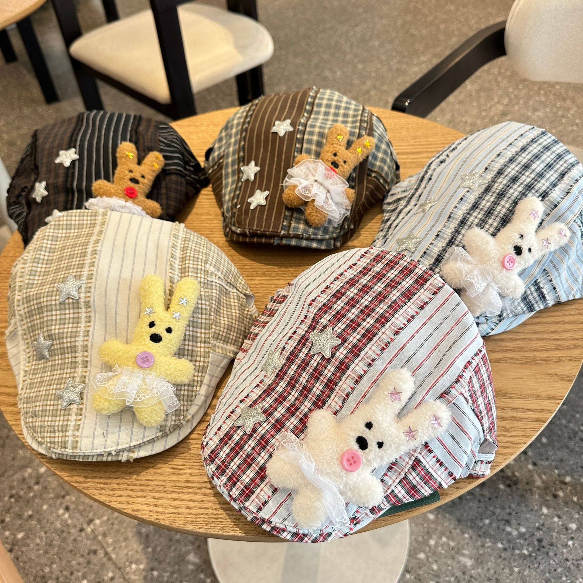 Patchwork Plaid Cotton Cap with Decorative Details(yellow)