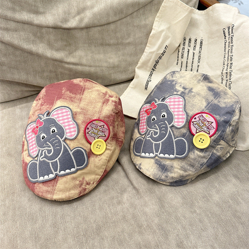 Cute Elephant Applique Beret Hat - Soft Fabric, Adjustable Fit, Retro Newsboy Cap(khaki)