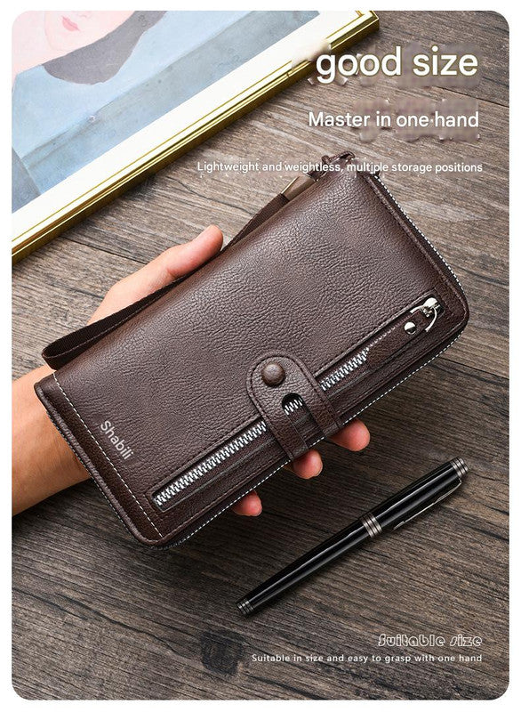 Two pieces High-Capacity PU Leather Clutch Wallet - Unisex Design with Wrist Strap, Zipper & Multiple Card Slots(Dark brown)