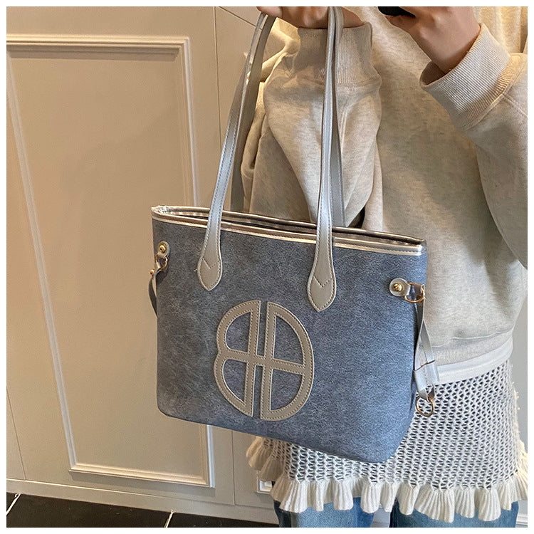 Stylish Large Capacity Tote Bag with PU Leather Trim & Logo Detail(Blue with Silver)