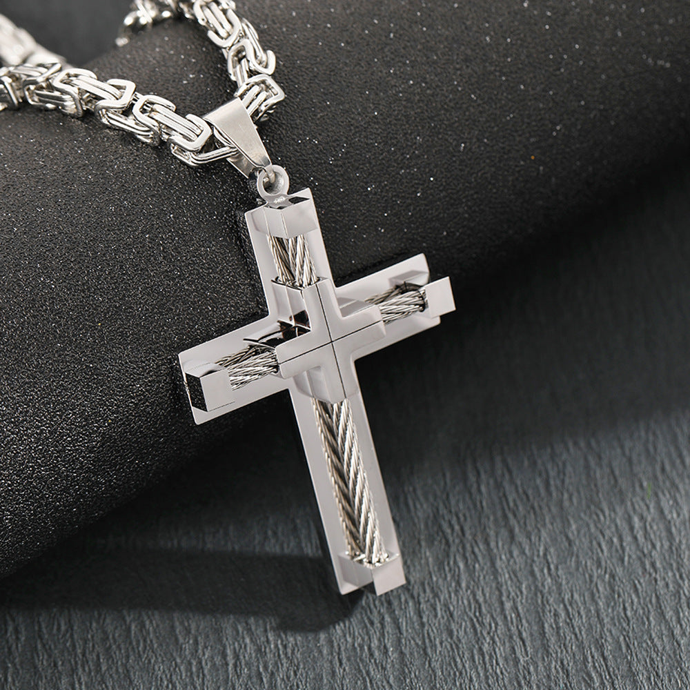 Men's Stainless Steel Layered Cross Pendant with Byzantine Chain - Fashion Statement Necklace(Gold)