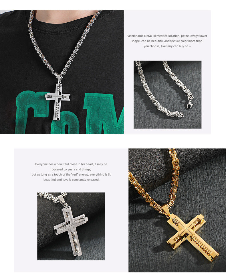 Men's Stainless Steel Layered Cross Pendant with Byzantine Chain - Fashion Statement Necklace(Gold)
