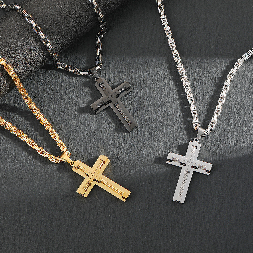 Men's Stainless Steel Layered Cross Pendant with Byzantine Chain - Fashion Statement Necklace(silver)