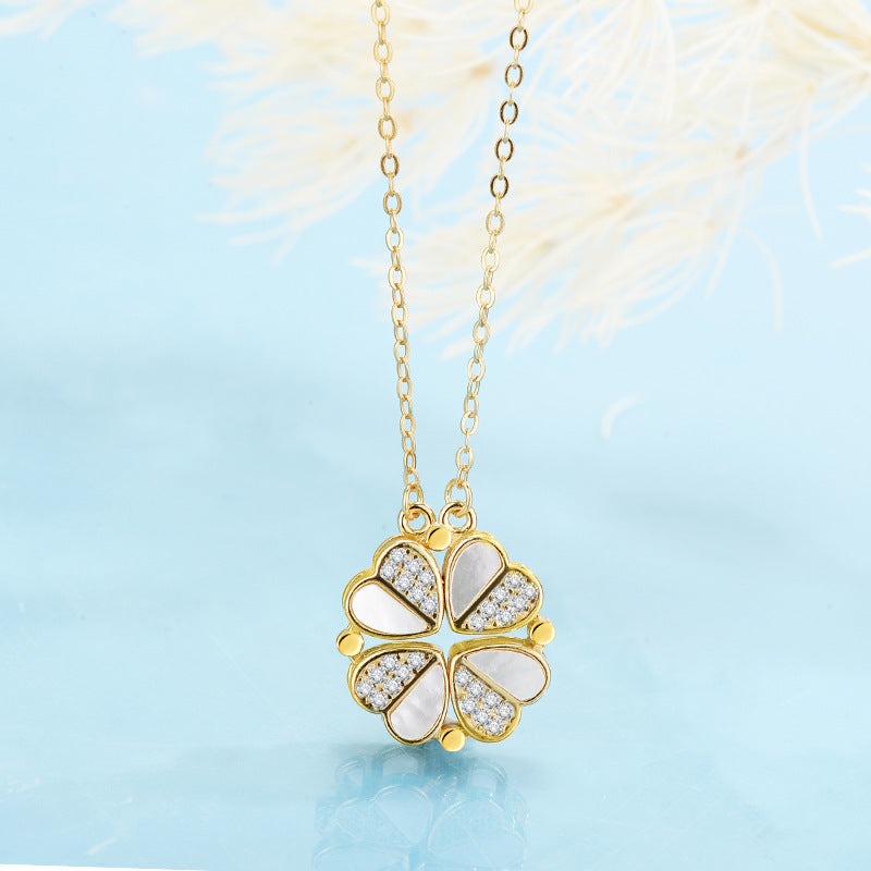 S925 Sterling Silver 2-in-1 Magnetic Convertible Clover to Hearts Pendant Necklace(gold)
