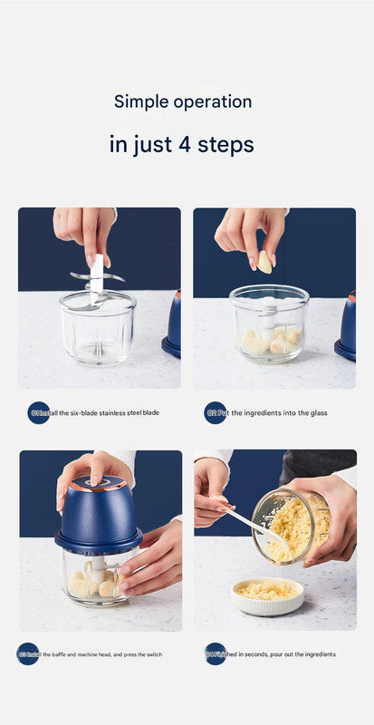 Electric Mini Garlic Chopper with Glass Bowl - USB Rechargeable, 6 Blades, Large Capacity(blue)