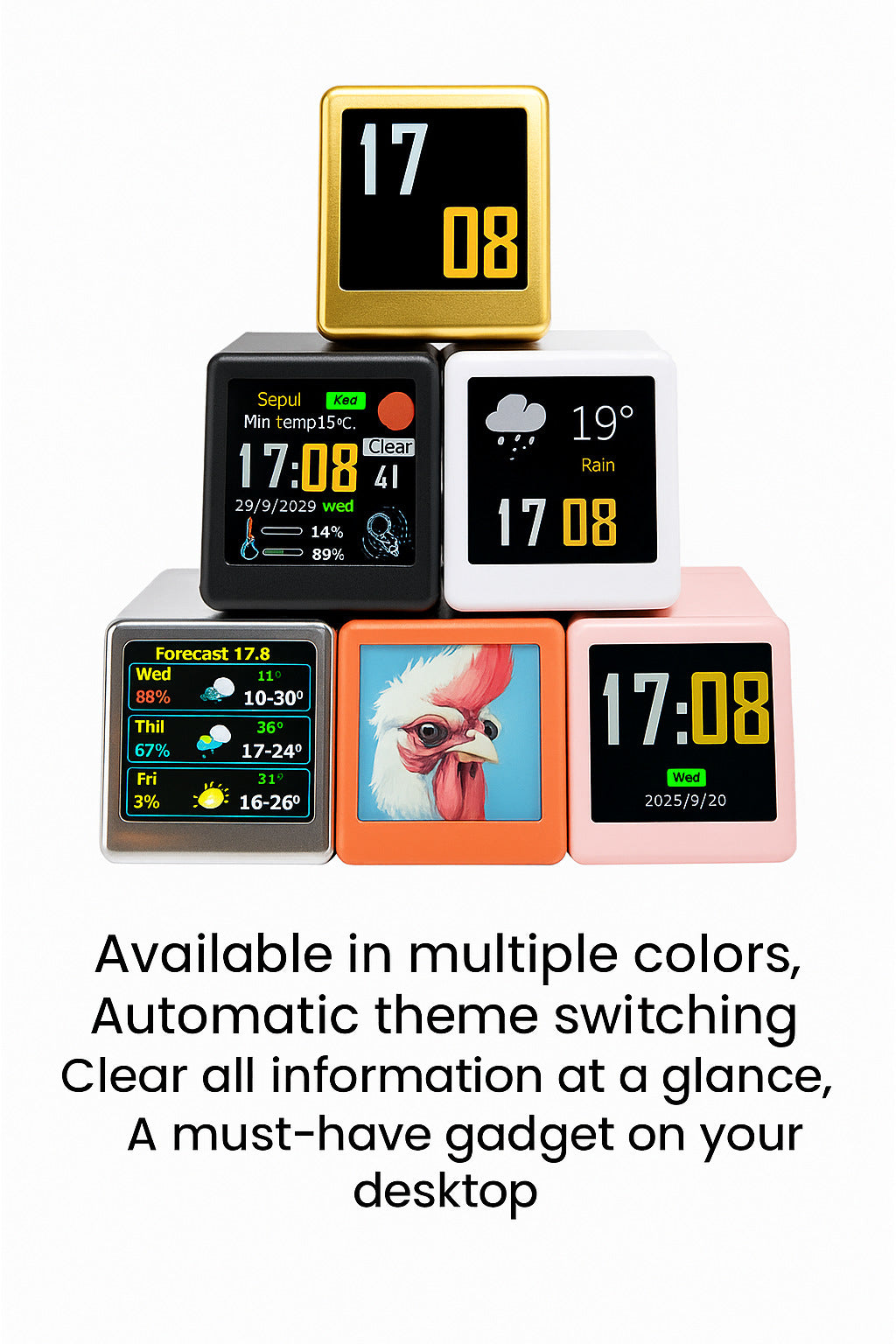 2pc Mini Smart Wi-Fi Weather Station Clock - Desktop Digital Clock with HD IPS Screen, Customizable GIF Display & 3-Day Forecast(Black)