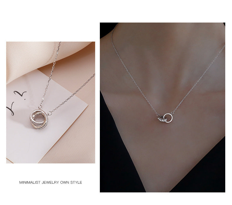 2pc Elegant Interlocking Rings Pendant Necklace with Zirconia Accents - Copper Base, Minimalist Jewelry(platinum)