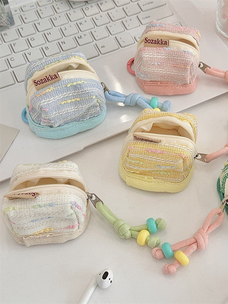 3pc Chic Woven Mini Backpack Pouch - Earphone Case & Coin Purse with Keychain Lanyard(white)