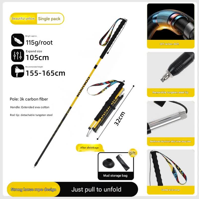 Ultralight Carbon Fiber Foldable Trail Running & Hiking Pole(yellow  Recommended height range 155-165cm)